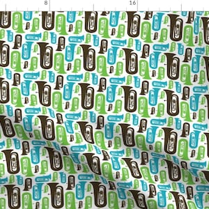 Tuba Fabric - Tubas By Marchingbandstuff - Tubas Musical Instruments Horns Wind Brown Green Blue Cotton Fabric By The Yard With Spoonflower