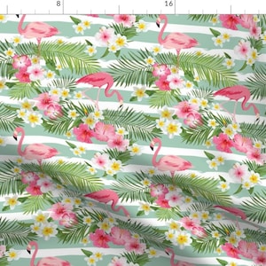 Tropical Fabric - Tropical Flamingo By Sandityche - Tropical Pink Green Hawaiian Summer Stripe Cotton Fabric By The Yard With Spoonflower
