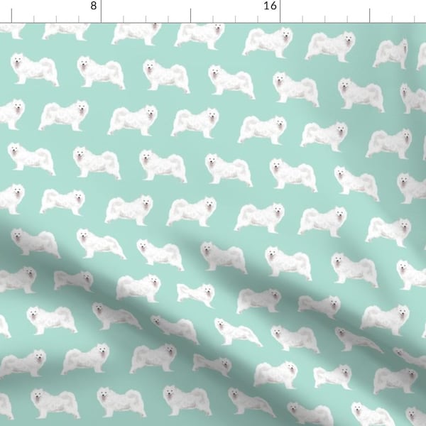 White Fluffy Dog Fabric - White Samoyed Dog Sled Dog Mint Blue By Petfriendly - Samoyed Dog Puppy Cotton Fabric by the Yard with Spoonflower
