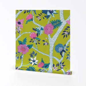 Peony Wallpaper - Deluxe Citron Peony Branch Mural By Danika Herrick - Custom Printed Removable Self Adhesive Wallpaper Roll by Spoonflower