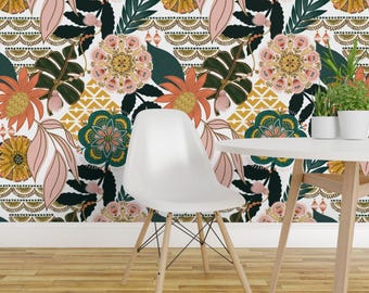 Papel de Parede Removível e Autoadesivo Boho Botânico - Palmeiras Monstera Boho Maximalistas - Arte de Parede Decorativa - Boho Tropical por fineapple_pair