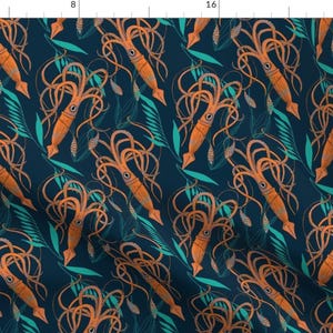 Orange Squid Fabric - Giant Squid By Washburnart - Tropical Summer Squid Cotton Fabric By The Yard With Spoonflower