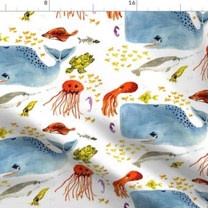 Nautical Sea Creatures Fabric - Underwater Friends By Taraput - Watercolor Whale and Octopus Cotton Fabric By The Yard With Spoonflower