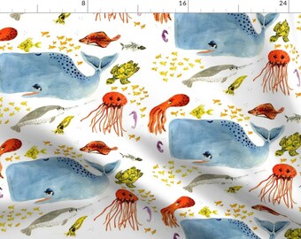 Nautical Sea Creatures Fabric - Underwater Friends By Taraput - Watercolor Whale and Octopus Cotton Fabric By The Yard With Spoonflower