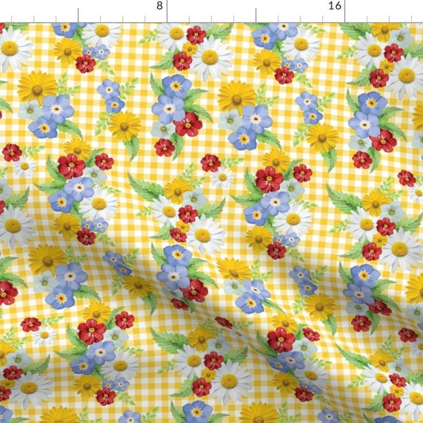 Gingham Flowers Fabric - Yellow Gingham Floral By Twodreamsshop - Yellow Gingham Spring Florals Cotton Fabric By The Yard With Spoonflower