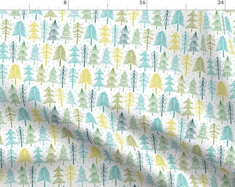 May include: A white background with a repeating pattern of blue, green, and yellow stylized trees. The trees are drawn with thin lines and have a whimsical, hand-drawn look.