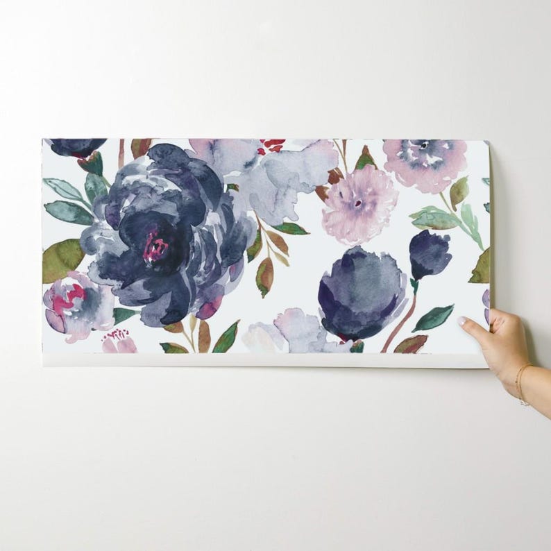 Romantic Floral Peel and Stick Wallpaper - Navy Botanical Feminine Meadow - Removable Wall Decor Art - Midnight Peonies by indybloomdesign image 9