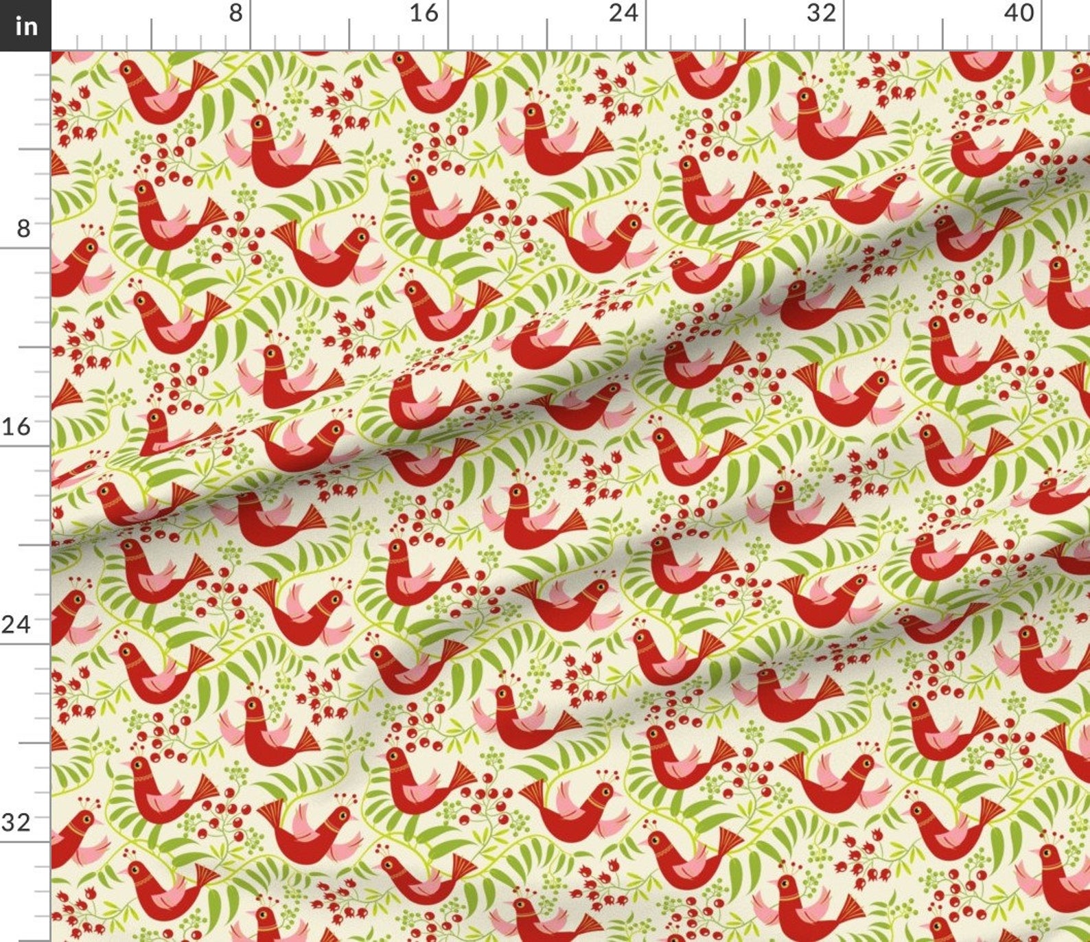 Red Birds Fabric Birds Berries and Blooms Holiday by Etsy