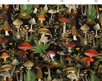 Dark Fabric - Rustic Mushroom by utart -  Moody Botanical Mushroom Cottagecore Toadstool Woodland Fungus Fabric by the Yard by Spoonflower