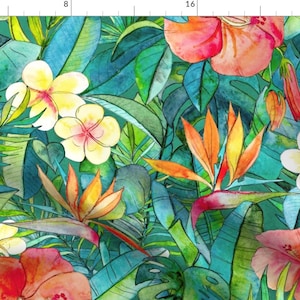Plumeria On Green Fabric - Classic Tropical Garden by micklyn - Floral Orange Hibiscus Tropical Watercolor Fabric by the Yard by Spoonflower