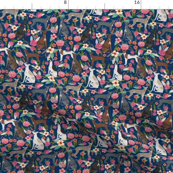 Greyhound Fabric - Italian Greyhound Florals Dogs Flowers Navy By Petfriendly - Whippet Dog Hound Cotton Fabric by the Yard with Spoonflower