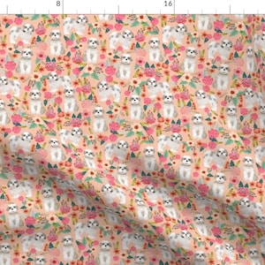 Shih Tzu Floral Fabric - Shih Tzu Vintage Florals Peach Pink Sweet Pet Dog Breed By Petfriendly - Cotton Fabric by the Yard with Spoonflower
