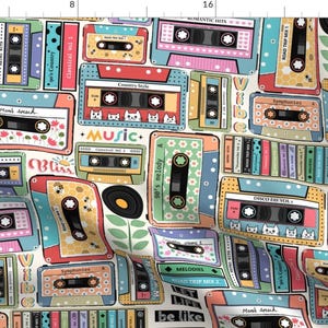 Vintage Fabric - Colorful Cassette Large by narmatha__mj - Retro Music 80s 90s Hipster Tape Cassette Cats Fabric by the Yard by Spoonflower