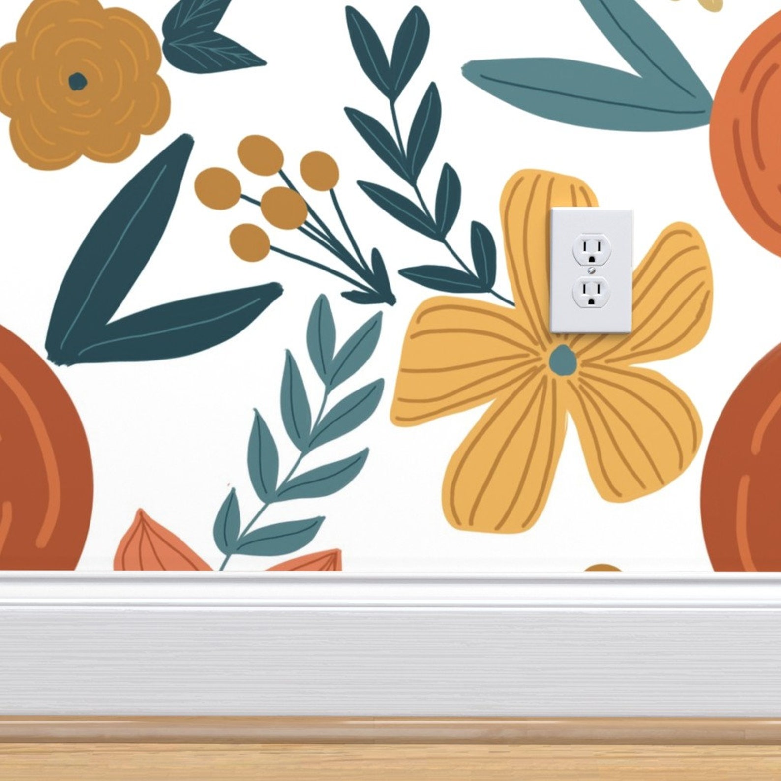 Floral Wallpaper Terra Cotta Rust Florals Large by | Etsy