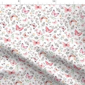 May include: A seamless pattern featuring delicate pink butterflies and watercolor foliage on a white background. The design is perfect for fabric, wallpaper, or wrapping paper.