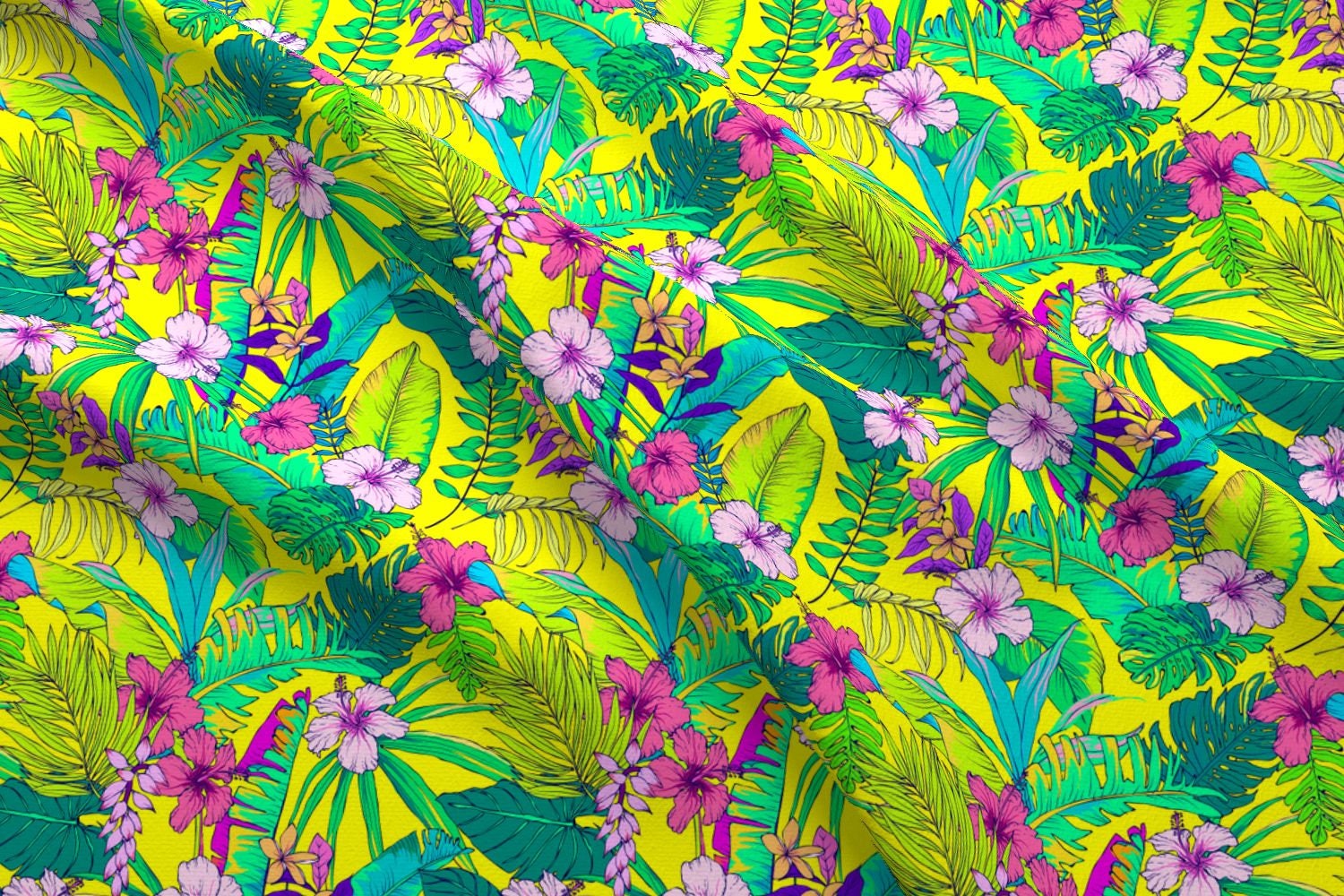 Tropical Beach Floral Fabric Miami Beach Yellow By Shopcabin Etsy