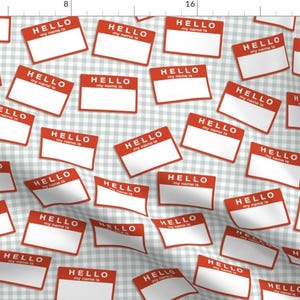 Hello Fabric - Hello My Name Is... By Weavingmajor - Hello Name Label Red White Gray Gingham Cotton Fabric By The Yard With Spoonflower