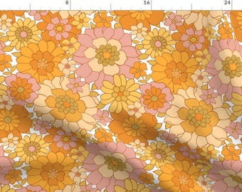 May include: A seamless pattern featuring a retro floral design with pink, orange, and yellow flowers on a white background.