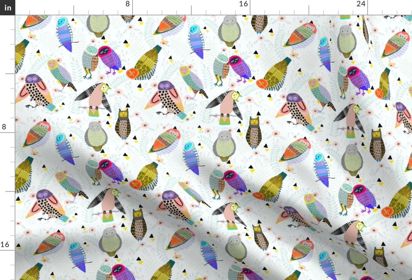Colorful Owls Fabric - Owl Party By Emilyrosethomson - Woodland Owls Cotton Fabric By The Yard With