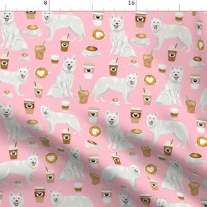 White Shepherd And Coffee Fabric - White Shepherd (Large Scale) Fabric White German Shepherds And Coffees Design - Pink By Petfriendly