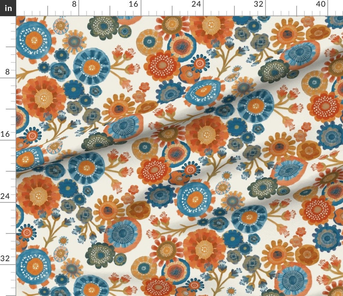 Orange and Blue Abstract Flowers Fabric Modern Chintz by Etsy