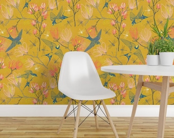 Swallows Wallpaper - Golden Summer Magnolias By Helenpdesigns - Nursery Custom Printed Removable Self Adhesive Wallpaper Roll by Spoonflower