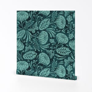 Schmetterlings-Tapete - Arabella Damask Aqua von Heatherdutton - Individuell bedruckte, entfernbare, selbstklebende Tapetenrolle von Spoonflower