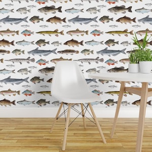 Fish Peel and Stick Wallpaper -  Cabin Nature Stream Lake Outdoors Fishing Carp - Removable Wall Decor Art - Freshwater Fish by twigandmoth
