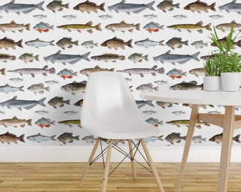 Peel and Stick-behang vissen - hut natuur beekje meer buiten vissen karper - verwijderbare muur decor kunst - zoetwatervis door twigandmoth