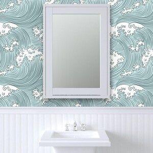 Ocean Waves Wallpaper - Japanese Waves By Sveta Aho - Pine Green Mint Blue Nautical Removable Self Adhesive Wallpaper Roll by Spoonflower image 8