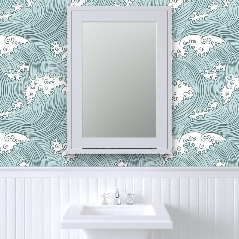 Ocean Waves Wallpaper - Japanese Waves By Sveta Aho - Pine Green Mint Blue Nautical Removable Self Adhesive Wallpaper Roll by Spoonflower image 8