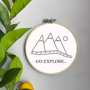 Moutain Embroidery Template on Cotton - Go Explore By Repeat_candy - Adventure Embroidery Pattern for 6" Hoop Custom Printed by Spoonflower