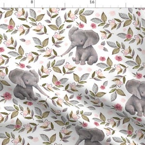Little Elephants Fabric - Baby Elephant With Flowers  By Shopcabin - Sweet Nursery Girls Cute Cotton Fabric By The Yard With Spoonflower