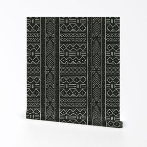 Mudcloth Removable Peel and Stick Wallpaper - Black Cream African Tribal - Wall Art Wall Decor - Mudcloth In Bone On Black by domesticate