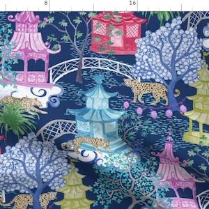 Blue Fabric - Multi Leopard Pagoda Scenic Dark by danika_herrick - Clouds Trees Animal Whimsy Navy Spots Fabric by the Yard by Spoonflower