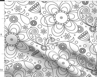 Line Art Floral Fabric - Black And White by tasha_goddard_designs - Colour In Black And White Flower Fabric by the Yard by Spoonflower