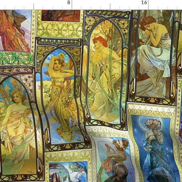 Mucha Fabric - Mucha's Night And Day By Bonnie Phantasm - Mucha Art Nouveau Goddess Panels Retro Cotton Fabric By The Yard With Spoonflower