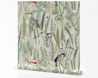 Coastal Wallpaper - Herons In Marsh By Down River Homegoods - Light Green Swamp Bird Removable Self Adhesive Wallpaper Roll by Spoonflower