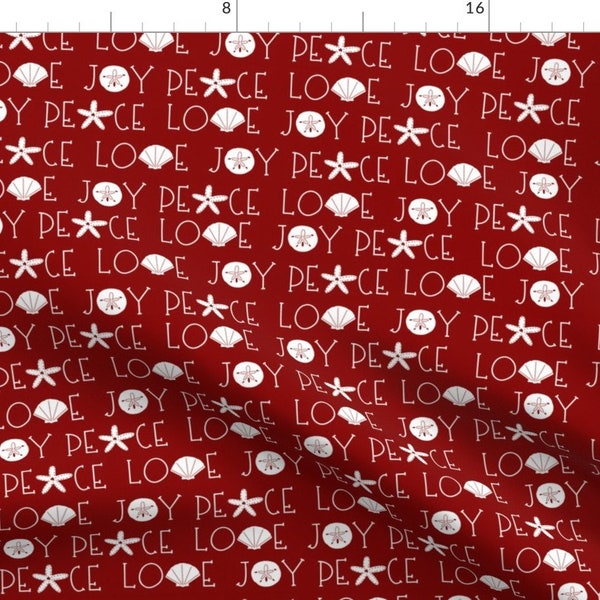 Coastal Christmas Fabric - Ocean Holiday by reneedavisdesign - Red White Seashells Peace Love Joy Holiday Fabric by the Yard by Spoonflower