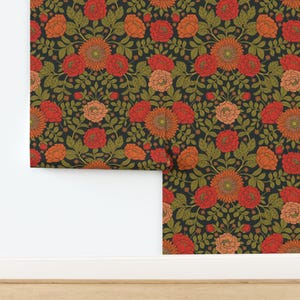 Vintage Garden Peel and Stick Wallpaper - Green Red Orange Victorian Floral - Removable Wall Decor Art - Botanical Pattern by somecallmebeth image 4