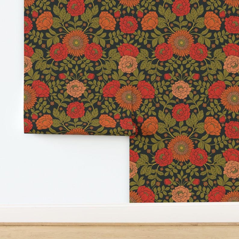 Vintage Garden Peel and Stick Wallpaper - Green Red Orange Victorian Floral - Removable Wall Decor Art - Botanical Pattern by somecallmebeth image 4
