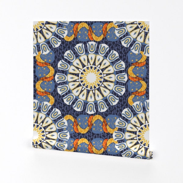 Bohemian Wallpaper - Bohemian Rosettes By Eclectic House - Blue Yellow Orange White Removable Self Adhesive Wallpaper Roll by Spoonflower