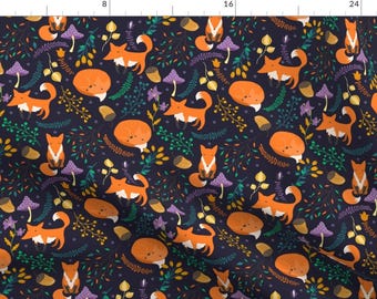 May include: A seamless pattern featuring orange foxes, mushrooms, and foliage on a dark blue background. The foxes are in various poses, including walking, sleeping, and sitting. The mushrooms are in shades of purple and white. The foliage is in shades of green, yellow, and brown.
