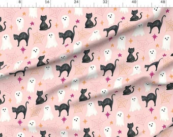 Whimsical Extra Wide Sateen Fabric Cute Halloween Black Cat Ghosties Spiderweb Fabric By The Yard Little Boo Pink Large by cateandrainn