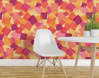 Retro Checks Peel and Stick Wallpaper - Red Pink Orange Warm Colors - Removable Wall Decor Art - Cheerful Geometric by emikundesigns