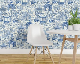 Vintage Chinoiserie Peel and Stick Wallpaper - Vintage Garden Toile Garden - Removable Wall Decor Art - Garden Walk Toile De Jouy by famenxt