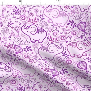 Purple Dancing Elephant Fabric - Purple Elephants With Bouquets By Oksancia - Nursery Decor Cotton Fabric By The Yard With Spoonflower