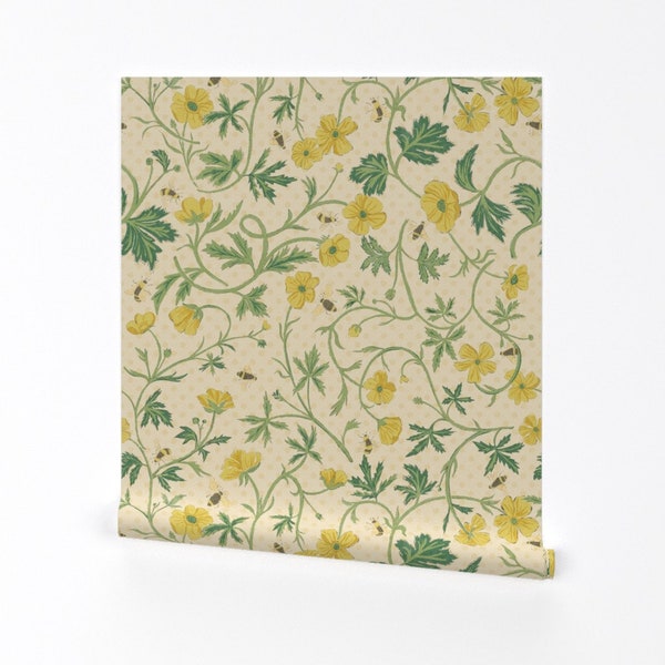 Yellow Floral Bees Wallpaper - Buttercup And Bees by michele_norris -  Art Nouveau Floral Removable Peel and Stick Wallpaper by Spoonflower
