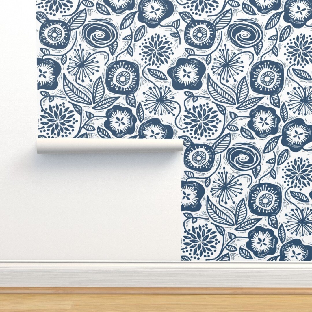 Floral Wallpaper Linocut Leaves Petals Blue by Run Quiltgirl - Etsy