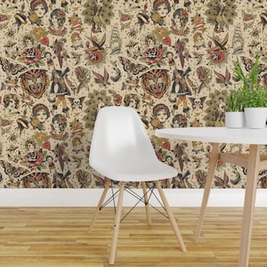 Retro Tattoos Peel and Stick Wallpaper - Vintage Style Art Traditional - Removable Wall Decor Art - Traditional Tattoo  by dacha_dreamland